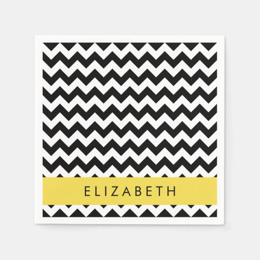 Schwarz und Weiß Zigzag, Zickzack Muster, Ihr Name Serviette (Vorderseite)