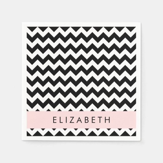 Schwarz und Weiß Zigzag, Zickzack Muster, Ihr Name Serviette (Vorderseite)