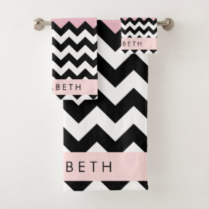 Schwarz und Weiß Zigzag, Zickzack, Rosa, Ihr Name Badhandtuch Set