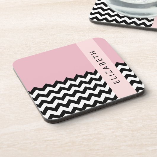 Schwarz und Weiß Zigzag, Zickzack, Rosa, Ihr Name Getränkeuntersetzer (Linke Seite)