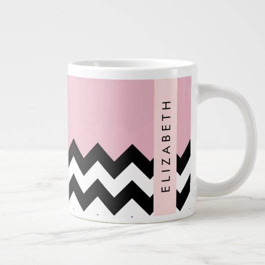 Schwarz und Weiß Zigzag, Zickzack, Rosa, Ihr Name Jumbo-Tasse (Rechts)