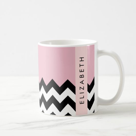 Schwarz und Weiß Zigzag, Zickzack, Rosa, Ihr Name Kaffeetasse (Rechts)