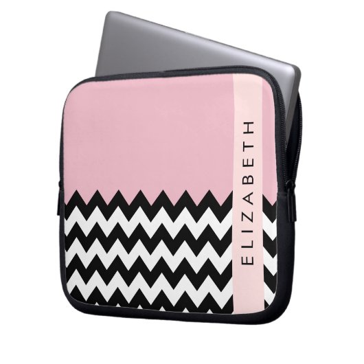 Schwarz und Weiß Zigzag, Zickzack, Rosa, Ihr Name Laptopschutzhülle (Vorderseite Links)