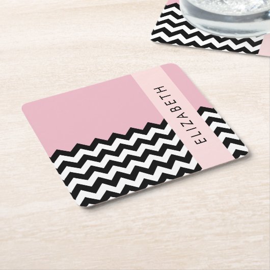 Schwarz und Weiß Zigzag, Zickzack, Rosa, Ihr Name Rechteckiger Pappuntersetzer (angewinkelt)