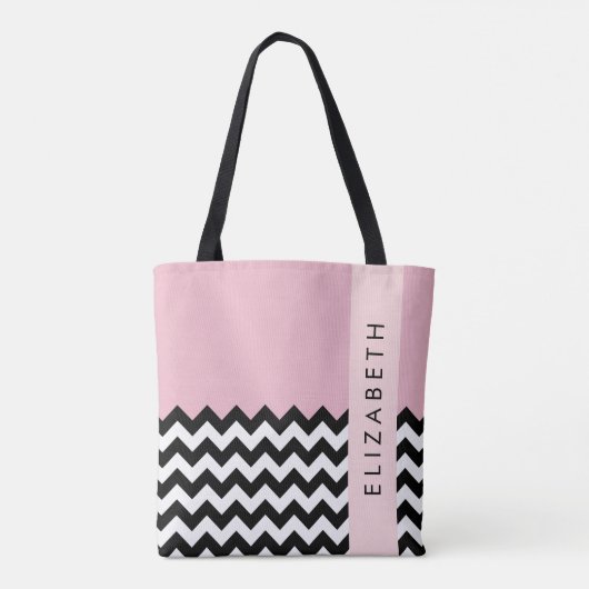 Schwarz und Weiß Zigzag, Zickzack, Rosa, Ihr Name Tasche (Rückseite)