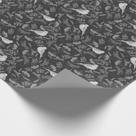 Schwarz und Winter Weiße Vögel Blumenmuster Geschenkpapier (Ecke)