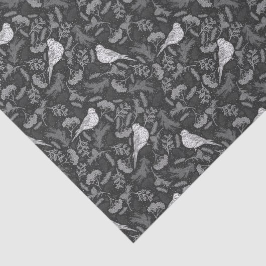 Schwarz und Winter Weiße Vögel Blumenmuster Seidenpapier (Ausschnitt)