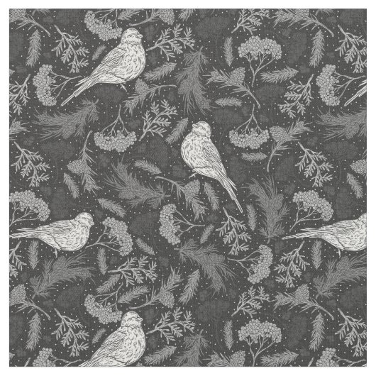 Schwarz und Winter Weiße Vögel Blumenmuster Stoff (Nahaufnahme)