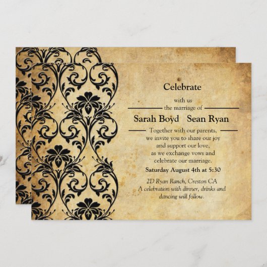 Schwarz-Vintag-Blütenwirbel Einladung zur Hochzeit (Vorne/Hinten)