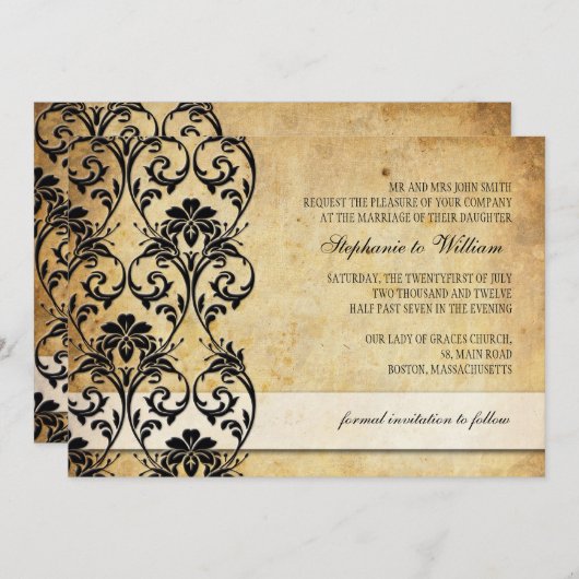 Schwarz-Vintag-Blütenwirbel Einladung zur Hochzeit (Vorne/Hinten)