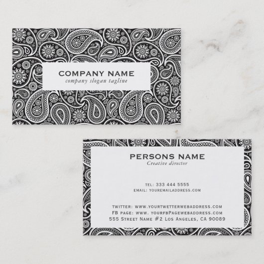 Schwarz-Vintag-Paisley-Muster Visitenkarte (Vorne/Hinten)