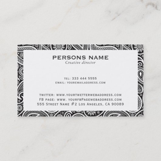 Schwarz-Vintag-Paisley-Muster Visitenkarte (Rückseite)