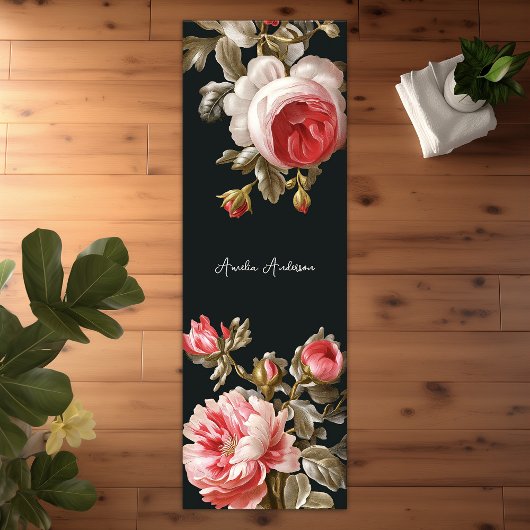 Schwarz Vintag Rosa Rosen Blumen Eleganter Stil Yogamatte