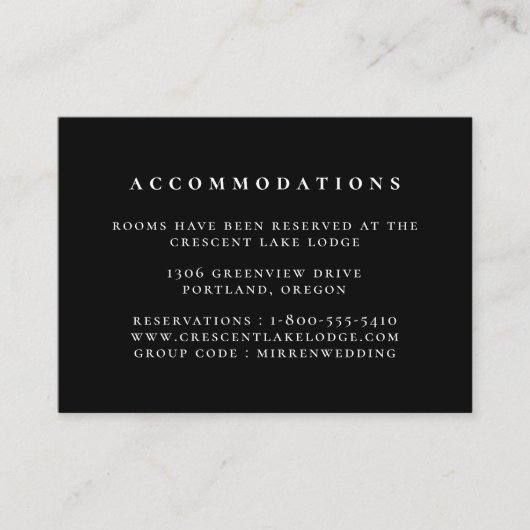 Schwarz-Vollfarben-Hochzeitsunterkünfte Begleitkarte (Vorderseite)