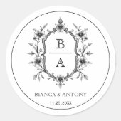 Schwarz-Wappen-Monogramm-Grenz-Hochzeit Runder Aufkleber (Vorderseite)