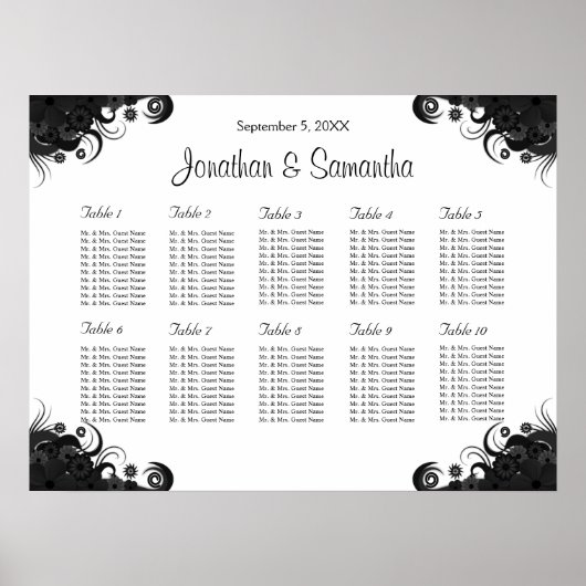 Schwarz-Weiß-10 Hochzeitstische Sitzkarten Poster (Vorne)