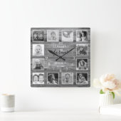 Schwarz-Weiß 12 FotoCollage Familienname Holz  Quadratische Wanduhr (Zuhause)