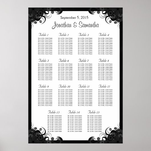 Schwarz-Weiß 15 Hochzeitstische Sitzkarten Poster (Vorne)