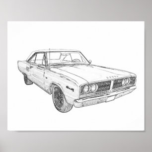 Schwarz-weiß 1966 Dodge Coronet Bleistiftzeichnung Poster