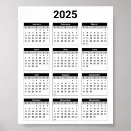 Schwarz/Weiß 2025 Jahr auf einen Blick Poster