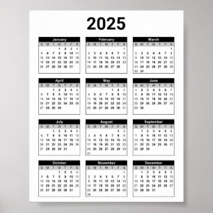 Schwarz/Weiß 2025 Jahr auf einen Blick Poster