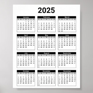 Schwarz/Weiß 2025 Jahr auf einen Blick Poster