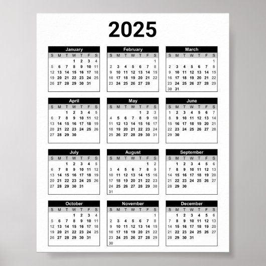 Schwarz/Weiß 2025 Jahr auf einen Blick Poster (Vorne)