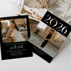 Schwarz & Weiß 2026 Coquette-Schleife Foto-Abschlu Einladung