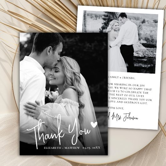 Schwarz-Weiß-2-Foto-Liebesherz-Script-Hochzeit Dankeskarte