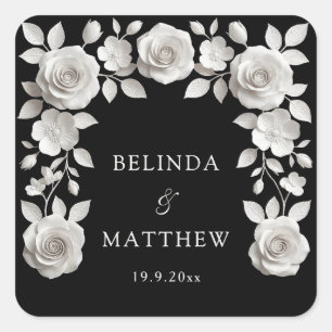 Schwarz-Weiß-3D-Blumenrosen Hochzeit Quadratischer Aufkleber