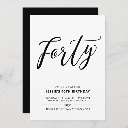 Schwarz & Weiß 40 Minimal 40. Geburtstag Party Einladung (Vorne/Hinten)