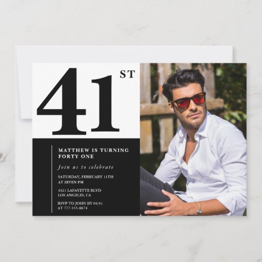 Schwarz-Weiß 41. Geburtstag Einladungen Foto (Vorderseite)