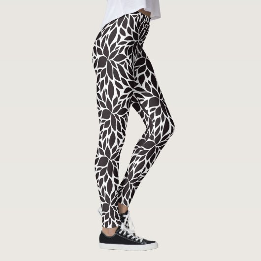 Schwarz-Weiß-Abstraktes Blumenmuster Leggings (Rechts)
