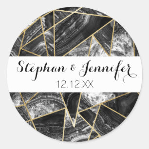 Schwarz-weiß Agate Black Gold Geometrie Dreiecke Runder Aufkleber