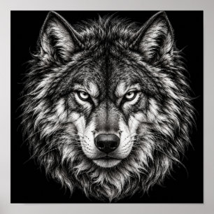 Schwarz-weiß Alpha-Wolfkopf-Skizze Kunstposter Poster