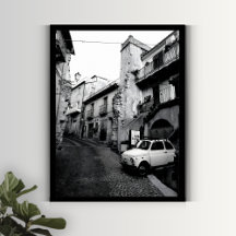 Schwarz-Weiß Altitalienische Stadt mit Vintage Car