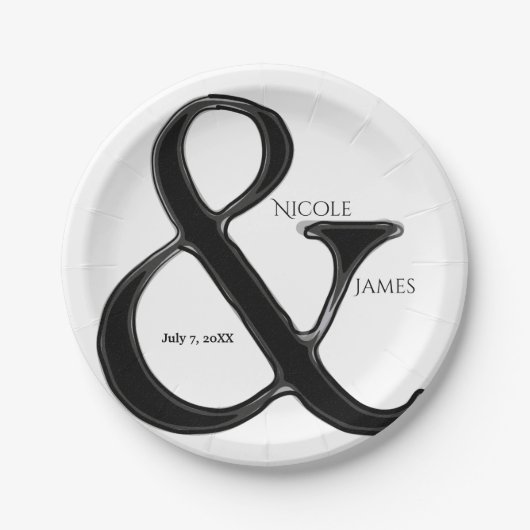 Schwarz-Weiß-Ampersand schicke Hochzeitsempfehlung Pappteller (Vorderseite)