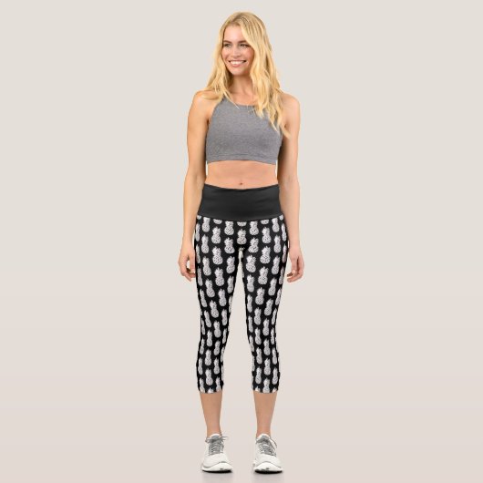 Schwarz-Weiß-Ananas-Fruchtprint mit hoher Taillenh Capri Leggings (Vorderseite)