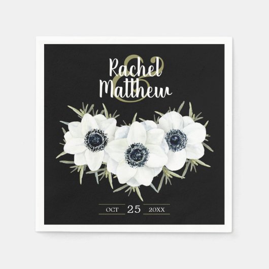 Schwarz-Weiß Anemones Wasserfarbe HochzeitsNapkins Serviette (Vorderseite)