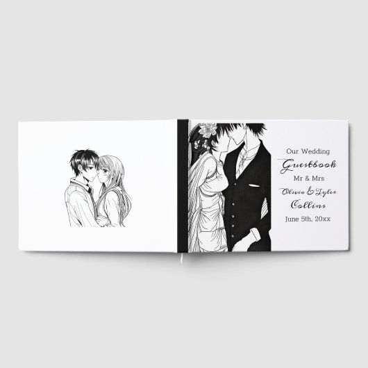 Schwarz-Weiß-Anime-Hochzeit Gästebuch (Voll)