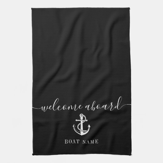 Schwarz-Weiß-Ankerbootname willkommen Geschirrtuch (Vertikal)