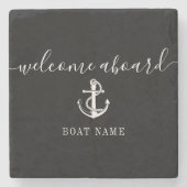 Schwarz-Weiß-Ankerbootname willkommen Steinuntersetzer (Vorderseite)