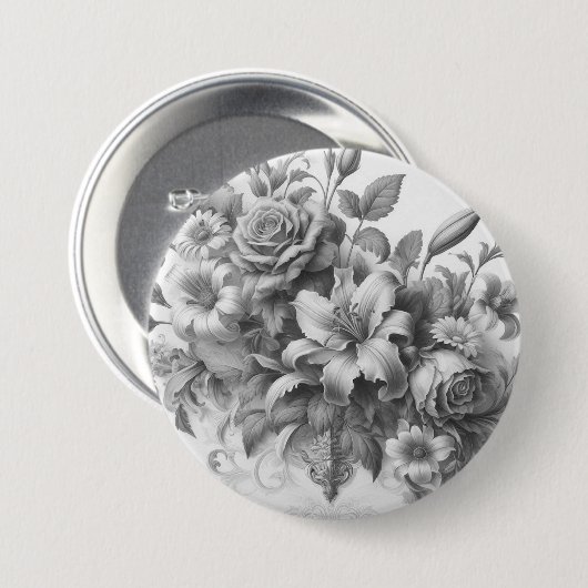 Schwarz-Weiß-Antike Blumen Perfektion Button (Vorne & Hinten)