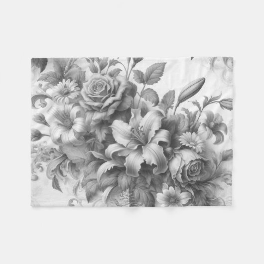 Schwarz-Weiß-Antike Blumen Perfektion Fleecedecke (Vorderseite (Horizontal))