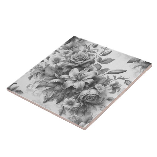Schwarz-Weiß-Antike Blumen Perfektion Fliese (Seite)