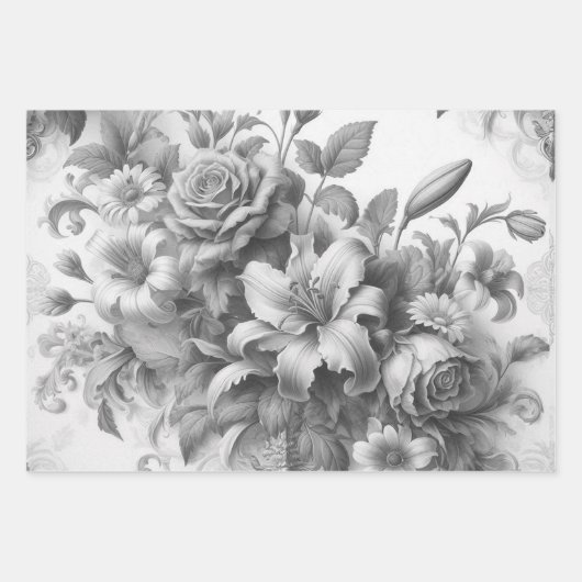 Schwarz-Weiß-Antike Blumen Perfektion Geschenkpapier Set (Vorderseite 2)