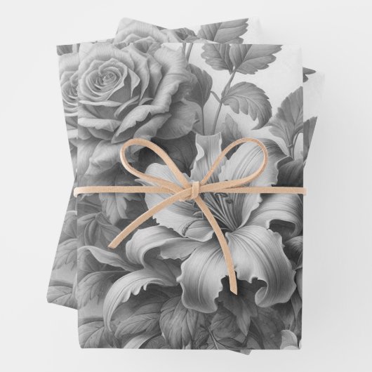 Schwarz-Weiß-Antike Blumen Perfektion Geschenkpapier Set (Beispiel)