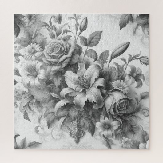 Schwarz-Weiß-Antike Blumen Perfektion Puzzle (Vertikal)