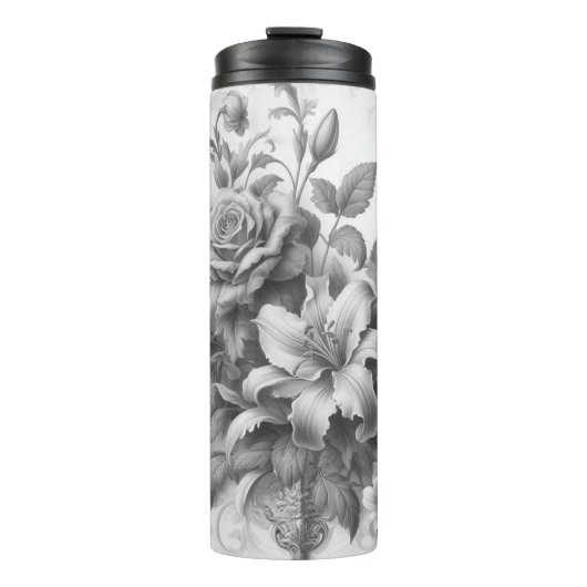 Schwarz-Weiß-Antike Blumen Perfektion Thermosbecher (Vorderseite)