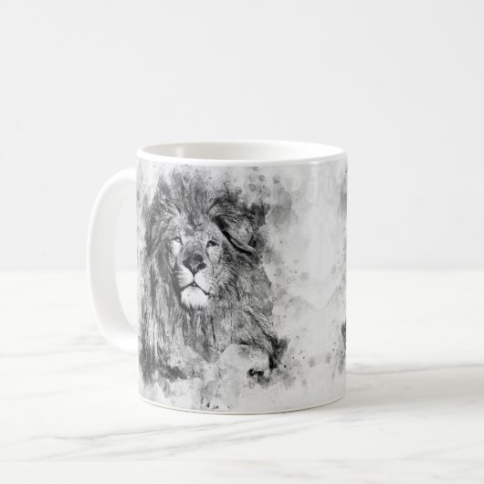 Schwarz-Weiß-Aquarellbild von männlichen Löwen Kaffeetasse (Vorderseite Links)